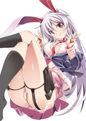  1girl animal_ears between_breasts black_legwear blazer blouse blush breasts cleavage double_v extra_ears female_focus gun handgun highres holster jacket large_breasts legs long_hair looking_at_viewer necktie necktie_between_breasts pleated_skirt purple_hair rabbit_ears red_eyes red_necktie reisen_udongein_inaba shirt skirt smile solo thigh_holster tomatomato_(tomato_kanzume) touhou v weapon 
