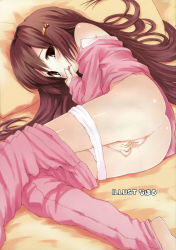  ass barefoot bed between_legs brown_eyes brown_hair clothed_masturbation clothes_pull female_masturbation fingering hair_ornament hairclip hand_between_legs highres loli long_hair lying masturbation naporu off_shoulder on_side original pajamas pajamas_pull panties pants pants_pull panty_pull pillow pussy pussy_juice solo underwear white_panties 