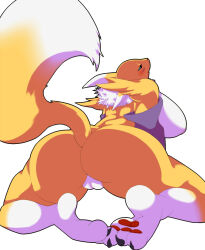 ass blush breasts cleft_of_venus digimon female_focus furry huge_ass huge_breasts looking_at_viewer looking_back pussy renamon smile solo solo_focus tail utsuo-kami white_background
