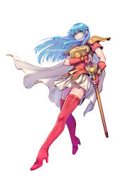  1girl aqua_eyes aqua_hair armor boots breastplate closed_mouth earrings eirika_(fire_emblem) fingerless_gloves fire_emblem fire_emblem:_the_sacred_stones full_body gloves holding holding_sheath holding_sword holding_weapon izapara jewelry long_hair looking_at_viewer nintendo red_footwear red_gloves red_shirt sheath sheathed shirt short_sleeves shoulder_armor sidelocks skirt solo sword thigh_boots twitter_username weapon white_background white_skirt  rating:General score:8 user:danbooru