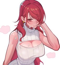 1girl bagjunba_(qkrgk198) breasts bright_pupils cleavage cleavage_cutout clothing_cutout commentary earrings eyelashes gold_earrings hair_over_one_eye hand_on_own_head highres jewelry kirijou_mitsuru large_breasts long_hair open_mouth persona persona_3 red_eyes red_hair simple_background sleeveless sleeveless_sweater solo sphere_earrings sweat sweater turtleneck turtleneck_sweater upper_body very_long_hair wavy_mouth white_background white_pupils white_sweater