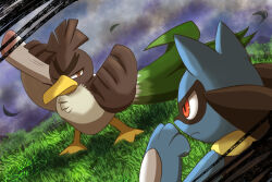  beckoning brown_eyes closed_mouth creatures_(company) dated fighting_stance food galarian_farfetch&#039;d game_freak gen_4_pokemon holding holding_food holding_vegetable leaf nintendo no_humans on_grass one_eye_closed outdoors over_shoulder pokemon pokemon_(creature) red_eyes riolu shuri_(syurigame) signature spring_onion thick_eyebrows v-shaped_eyebrows vegetable 