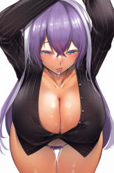 1girl blue_eyes blush breasts cleavage highres isabelle_(shadowverse) large_breasts leaning_forward long_hair multicolored_hair panties purple_hair purple_panties saliva shadowverse simple_background solo thigh_gap tomohiro_kai tongue tongue_out two-tone_hair underwear white_background white_hair rating:Questionable score:101 user:danbooru