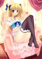  1girl :o bare_shoulders black_thighhighs blonde_hair blush chair choker collarbone curtains food frills full_body green_eyes hair_ribbon holding lingerie long_hair minatsuki_alumi no_shoes open_mouth original ribbon sitting solo thighhighs twintails two_side_up underwear very_long_hair  rating:Sensitive score:43 user:danbooru