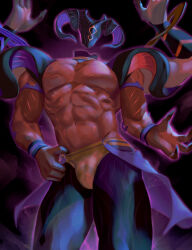  1boy abs afk_journey arms_up bara bulge claw_pose claws commentary english_commentary extra_arms faceless facing_viewer floating_head highres hinnab_art male_focus no_eyes pectorals reiner_(afk_journey) signature topless_male twitter_username 