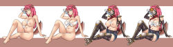  1girl animal_ears aqua_eyes armor barefoot belt belt_bra bra breasts breasts_out casual_nudity comparison dog_ears dog_tail female_focus fingerless_gloves gloves gunneko hair_ornament high_heels highres hot huge_breasts inverted_nipples legs long_hair long_image mask mature_female multiple_persona navel nipples nude original pants pink_hair pubic_hair puffy_nipples scarf see-through shoes shorts sitting sweat tail thighhighs underwear water wide_image 