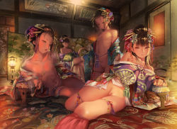  4girls blush breasts brown_eyes brown_hair censored crossed_legs flat_chest flower geisha hair_flower hair_ornament hair_stick highres japanese_clothes kimono kiseru lips loli long_sleeves looking_at_viewer mosaic_censoring multiple_girls navel nipples no_bra no_panties off_shoulder open_clothes original popobobo prostitution pussy short_hair sitting small_breasts smoking_pipe wide_sleeves yuujo  rating:Explicit score:215 user:danbooru