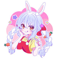  1girl animal_ear_fluff animal_ears bad_id bad_twitter_id blue_hair bow braid candy carrot_hair_ornament closed_mouth commentary_request cropped_torso food food-themed_hair_ornament hair_between_eyes hair_bow hair_ornament hand_on_own_cheek hand_on_own_face hands_up holding holding_candy holding_food hololive long_hair looking_at_viewer multicolored_hair nekomachi_nao orange_eyes outline rabbit_ears rabbit_girl red_bow shirt short_eyebrows short_sleeves smile solo star_(symbol) thick_eyebrows tongue tongue_out twin_braids two-tone_hair upper_body usada_pekora virtual_youtuber white_hair white_outline yellow_shirt 