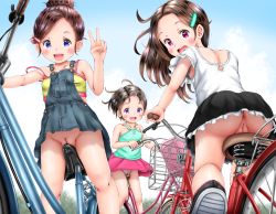 3girls absurdres ass backpack bag bicycle blue_eyes blush brown_hair censored cleft_of_venus crime_prevention_buzzer day fat_mons female_focus hair_ornament hair_up hairclip higegepon highres huge_filesize loli long_hair looking_at_viewer looking_back mosaic_censoring multiple_girls nipples no_panties open_mouth outdoors panties pink_eyes purple_eyes pussy randoseru short_hair sky smile striped third-party_edit underwear upskirt v rating:Explicit score:179 user:Mudskipper