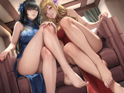 2girls absurdres ass bare_arms bare_legs bare_shoulders barefoot black_hair blonde_hair blue_dress blue_eyes blue_flower blue_nails blush bracelet breasts brown_eyes china_dress chinese_clothes couch crossed_legs curtains dress earrings feet fingernails flower foot_out_of_frame grin hair_flower hair_ornament highres indoors jewelry knee_up large_breasts legs long_fingernails long_hair looking_at_viewer makeup multiple_girls nail_polish non-web_source on_couch original parted_lips pink_flower pink_nails red_dress red_nails sadakage sitting sleeveless sleeveless_dress smile soles swept_bangs thighs toenail_polish toenails toes rating:Sensitive score:81 user:danbooru