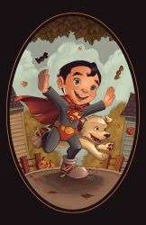  1boy aged_down autumn autumn_leaves black_hair cape child chrissie_zullo commentary day dc_comics dog english_commentary falling_leaves full_body halloween_costume highres insignia jack-o&#039;-lantern krypto_the_superdog leaf male_focus maple_leaf outdoors pet red_cape short_hair smile solo superhero_costume superman superman_(series) teeth 