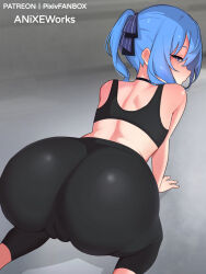  1girl all_fours alternate_costume artist_name ass ass_focus bent_over black_choker black_pants black_sports_bra blue_eyes blue_hair blue_ribbon blush cameltoe choker cleft_of_venus commentary_request embarrassed from_behind hair_ribbon hololive hoshimachi_suisei looking_at_viewer looking_back median_furrow medium_hair mixed-language_commentary paid_reward_available pants pigmentmizu ribbon side_ponytail solo sports_bra virtual_youtuber workout_clothes yoga_pants 