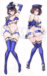  1girl arm_up armpits ass azur_lane baltimore_(azur_lane) baltimore_(finish_line_flagbearer)_(azur_lane) black_panties blue_thighhighs blush breasts brown_hair butt_crack cleavage dakimakura_(medium) full_body gluteal_fold halcon highleg highleg_panties large_breasts looking_at_viewer midriff navel on_bed open_mouth panties race_queen short_hair solo stomach thighhighs thighs thong underwear wide_hips  rating:Questionable score:32 user:buster2222