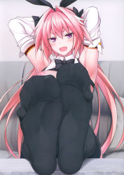  1boy :d absurdres armpits arms_behind_head arms_up astolfo_(fate) astolfo_(saber)_(fate) bow bowtie breasts fate/grand_order fate_(series) feet foot_focus foreshortening highres legs legs_up long_hair male_focus nipples no_shoes open_mouth pink_hair puffy_nipples ruton-niki sitting smile soles solo spread_toes thighhighs toenails toes trap  rating:Sensitive score:199 user:danbooru