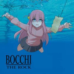 1girl air_bubble album album_art album_cover album_cover_redraw barefoot blowing_bubbles blue_eyes bocchi_the_rock! breasts bubble cover cube_hair_ornament derivative_work fishing_hook gotoh_hitori hair_ornament holding_breath hook jacket kuroyamii long_hair medium_breasts money nevermind nirvana_(band) pink_hair skirt submerged swimming underwater
