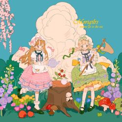 2girls angel_wings ankle_cuffs apron back_bow blonde_hair blue_bow blue_bowtie blue_choker blue_flower blue_sky blue_vest blunt_bangs blush_stickers bow bow_on_wing bow_skirt bowtie braid brown_hair bush center_frills cherry_blossoms choker closed_mouth cloud collar commentary cross-laced_clothes cross-laced_top day detached_collar english_commentary english_text eyeshadow flag floral_print flower footwear_bow frilled_apron frilled_shirt_collar frilled_skirt frilled_sleeves frilled_wrist_cuffs frills full_body grass green_bow green_eyes green_footwear green_skirt hair_bow hat hat_bow high_heels highres holding holding_flag kneehighs layered_skirt leaf leg_up long_hair looking_at_viewer makeup mary_janes medium_skirt mob_cap multiple_girls mushroom open_mouth original outdoors pink_bow pink_flower pink_skirt plaid plaid_skirt puffy_short_sleeves puffy_sleeves pumps purple_bow purple_flower purple_vest putong_xiao_gou red_eyeshadow see-through_skirt_layer shirt shoes short_sleeves skirt sky sleeve_bow socks straight-on traditional_clothes triangle_mouth twin_braids vest waist_apron waist_bow white_apron white_bow white_collar white_headwear white_shirt white_socks white_wings white_wrist_cuffs wings wrist_bow wrist_cuffs yellow_bow yellow_flower
