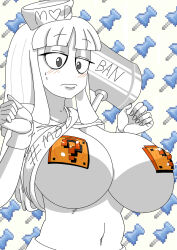  /v/ 1girl 4chan blush breasts clothes_lift covered_erect_nipples drawfag hammer highres large_breasts long_hair monochrome navel pasties shirt_lift solo topless 