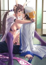  1boy 1girl after_kiss arms_around_another&#039;s_neck bar_censor beret black_pants blue_eyes blunt_bangs blush bra breasts breasts_out brown_hair censored clitoral_hood clitoris clothed_sex coat cowgirl_position creatures_(company) fingernails french_kiss game_freak girl_on_top hanbei_takenaka happy happy_sex hat headdress heroine_(pokemon_conquest) japanese_clothes kimono kinoeneko kiss lips long_bangs long_hair looking_at_another medium_breasts multicolored_hair navel nintendo nipples no_panties obi open_mouth open_pants pants parted_bangs penis pokemon pokemon_conquest ponytail purple_bra purple_eyes purple_thighhighs pussy pussy_juice riding saliva saliva_trail sash sengoku_musou shirt sliding_doors straddling streaked_hair sunlight sweat takenaka_hanbei tatami thighhighs thighs tongue tongue_out underwear vaginal very_long_hair wide_hips wrist_cuffs yellow_shirt  rating:Explicit score:5 user:AdmirableClick