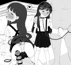1boy 1girl age_difference animal_collar ass bdsm bed belt_collar blush bulge censored collar drugged flat_chest hetero highres id_card inchore leash loli looking_at_viewer looking_back monochrome panties penis peril pill school_uniform slave smile striped_clothes striped_panties sweat tagme tongue underwear veins veiny_penis rating:Explicit score:303 user:mugo