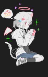 1girl animal_ears apron bandaid bandaid_on_cheek bandaid_on_face black_apron black_socks blue_skirt blush bow cake cake_slice cat_ears cat_girl cat_tail colored_skin commentary drawn_wings ear_down food from_side full_body grey_hoodie grey_mittens grey_skin hair_ornament hairclip halo hands_up highres hood hood_down hoodie kneehighs long_sleeves looking_ahead lurenjia mittens original pink_eyes profile shoes short_hair sitting skirt sneakers socks solo sparkle spoken_food star_(symbol) symbol-only_commentary tail tail_bow tail_ornament thought_bubble wariza x_hair_ornament 