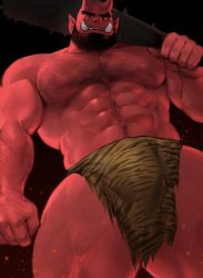  1boy abs arm_hair bara beard blush bulge chest_hair club_(weapon) colored_sclera colored_skin completely_nude demon demon_boy demon_horns dopey_(dopq) embers facial_hair fangs from_below hairy highres horns large_pectorals leg_hair loincloth looking_at_viewer male_focus male_underwear mature_male monster_boy muscular muscular_male navel navel_hair nipples nude oni original panther_print pectoral_cleavage pectorals pelvic_curtain print_male_underwear red_oni red_skin short_hair skin-covered_horns solo stomach thick_eyebrows thick_thighs thighs underwear underwear_only weapon yellow_sclera  rating:Questionable score:6 user:danbooru