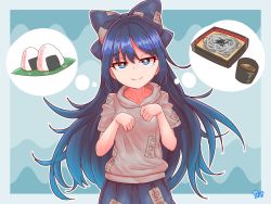 1girl abstract_background arms_up artist_name blue_background blue_eyes blue_hair blue_skirt bright_pupils commentary cup debt food gradient_background grey_hoodie hair_ribbon half-closed_eyes head_tilt highres hood hood_down hoodie long_hair looking_at_viewer noodles onigiri paw_pose pleated_skirt ribbon skirt smile solo soy_sauce standing thought_bubble touhou udon upper_body very_long_hair white_pupils yorigami_shion zanasta0810 rating:Sensitive score:3 user:danbooru