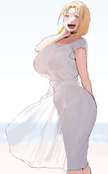  1girl blonde_girl_(okpriko) blonde_hair blue_eyes blush breasts collarbone commentary covered_erect_nipples dress english_commentary highres huge_breasts looking_at_viewer looking_back okpriko open_mouth original parted_bangs see-through see-through_dress short_hair smile solo teeth upper_teeth_only white_dress 