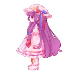  1girl absurdres crescent crescent_hair_ornament crescent_hat_ornament crescent_pin dress from_side full_body hair_ornament hat hat_ornament highres inukkomaru mob_cap patchouli_knowledge purple_eyes purple_hair solo striped_clothes striped_dress touhou vertical-striped_clothes vertical-striped_dress 