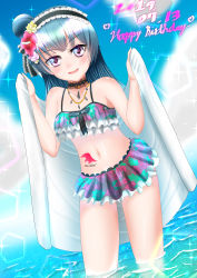  1girl absurdres artist_name bare_shoulders barefoot bikini bikini_skirt blue_hair blue_sky blunt_bangs blush bow breasts bridal_garter choker cleavage cloud copyright_name earrings female_focus floral_print flower frilled_bikini frilled_choker frills hair_bun hair_flower hair_ornament hairband highres jewelry lolita_hairband long_hair looking_at_viewer love_live! love_live!_school_idol_festival love_live!_sunshine!! mabeck navel necklace ocean one_burdened_with_a_sin outdoors purple_eyes red_eyes ribbon side_bun single_hair_bun sky small_breasts smile solo sparkle standing stomach_tattoo striped striped_bow sun swimsuit tattoo towel tsushima_yoshiko wading water wrist_ribbon 