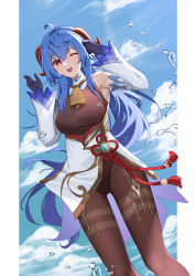  1girl ;d absurdres ahoge bare_shoulders bell black_gloves blue_hair blue_sky blush bodice bodystocking bodysuit bodysuit_under_clothes breasts brown_bodysuit brown_leotard brown_pantyhose cloud cowbell crossed_bangs detached_collar detached_sleeves dot_nose ganyu_(genshin_impact) genshin_impact gloves goat_horns hands_up highleg highleg_leotard highres horns l.tea leotard long_hair looking_at_viewer medium_breasts neck_bell one_eye_closed open_mouth pantyhose pillarboxed purple_eyes rope shimenawa sky smile solo tassel thighs vision_(genshin_impact) water water_drop 