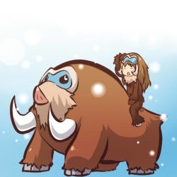 00s :&lt; =_= androgynous blush_stickers brown_hair creatures_(company) full_body game_freak gen_4_pokemon gender_request goggles gradient_background hitec long_hair mamoswine mittens moemon nintendo open_mouth outdoors personification pokemon pokemon_(creature) pokemon_dppt riding riding_pokemon snow snowing tusks rating:Sensitive score:10 user:danbooru