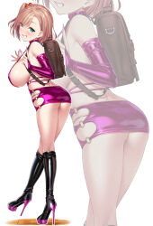  1girl aqua_eyes ass backpack bag black_footwear blush bodycon boots breasts bridal_gauntlets brown_bag commentary_request earrings full_body hair_bobbles hair_ornament high_heel_boots high_heels highres huge_breasts jewelry knee_boots light_brown_hair looking_at_viewer looking_back medium_hair multiple_views original purple_nails satou_kuuki simple_background smile standing standing_on_one_leg swept_bangs teeth thighs v white_background 