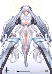  1girl blush bodysuit breasts character_name cinderella_(nikke) cleavage_cutout clothing_cutout expressionless floating floating_object full_body gluteal_fold goddess_of_victory:_nikke hair_over_one_eye headgear highres kuronekozero large_breasts long_hair navel_cutout one_eye_covered qr_code red_eyes see-through see-through_skirt skirt solo twintails very_long_hair weapon white_bodysuit white_hair  rating:Sensitive score:15 user:Leksa