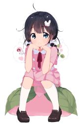  1girl black_hair blue_eyes blush food full_body hair_ornament highres kitashirakawa_tamako lisa_(faeuna) loafers looking_at_viewer low_twintails messy_hair mochi mole mole_on_neck pink_shirt pink_skirt pleated_skirt pom_pom_(clothes) pom_pom_hair_ornament rabbit_hair_ornament shirt shoes short_sleeves simple_background sitting skirt smile socks solo tamako_market twintails white_background white_socks 