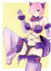 1girl animal_ears blush bow breasts cleavage elbow_gloves fate/grand_order fate_(series) feet foot_focus gloves hair_over_one_eye highres large_breasts leg_lift mash_kyrielight no_shoes pink_hair purple_eyes purple_legwear see-through see-through_legwear short_hair soles toes rating:Questionable score:8 user:ssfl