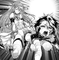  2girls ahegao all_fours ass ass_grab bandaged_arm bandaged_leg bandages blush breasts cleavage closed_eyes detached_sleeves doggystyle futa_with_female futanari greyscale hair_between_eyes hairband hanging_breasts large_breasts long_hair medium_breasts monochrome multiple_girls no_panties official_art open_mouth revealing_clothes sex sex_from_behind short_hair sidelocks tensei_colosseum:_saijaku_skill_de_saikyou_no_onna-tachi_wo_kouryaku_shite_dorei_harem_tsukurimasu thigh_strap thighs tongue tongue_out torn_clothes zunta  rating:Explicit score:75 user:PuttHutt