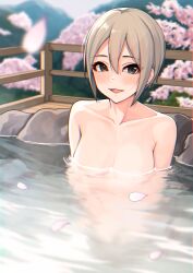  1girl absurdres bathing black_eyes blush breasts cherry_blossoms cleavage collarbone completely_nude grey_hair hair_between_eyes highres idolmaster idolmaster_cinderella_girls looking_at_viewer medium_breasts nude partially_submerged reflection shiomi_syuko short_hair sketch_background smile solo t.r water 