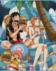  1girl 1other 2boys :3 abs bikini blue_sky blush_stickers breasts burger chandllucky cleft_of_venus curvy day dragon eating food happy hat highres holding holding_food horns large_breasts long_hair low_twintails monkey_d._luffy multiple_boys muscular nami_(one_piece) navel one_piece open_mouth saliva scar scar_on_chest shiny_skin short_hair side-tie_bikini_bottom sitting sky smile straw_hat striped_bikini striped_clothes sunglasses_on_head swimsuit thong thong_bikini tony_tony_chopper twintails wide_hips  rating:Sensitive score:19 user:fakyuh