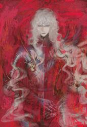  1boy armor berserk blue_eyes cuirass curly_hair ellphael fine_art_parody griffith_(berserk) highres knight long_hair looking_ahead looking_at_mirror mirror own_hands_together parody plate_armor portrait_of_king_charles_iii_(jonathan_yeo) red_background red_theme solo white_hair 