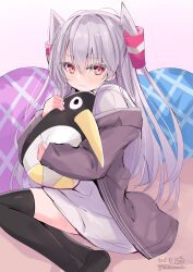  1girl absurdres amatsukaze_(kancolle) black_thighhighs dress failure_penguin grey_hair grey_jacket hair_tubes highres hizaka hugging_doll hugging_object jacket kantai_collection long_hair looking_at_viewer official_alternate_costume pillow red_eyes sailor_dress solo stuffed_animal stuffed_penguin stuffed_toy thighhighs two_side_up white_dress 