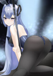  1girl ass azur_lane bare_shoulders blue_eyes blue_hair breasts hair_between_eyes hair_intakes hair_ornament hioblue large_breasts leotard long_hair looking_at_viewer new_jersey_(azur_lane) new_jersey_(exhilarating_steps!)_(azur_lane) official_alternate_costume pole rabbit_ears stripper_pole thighhighs tile_floor tiles very_long_hair  rating:Questionable score:3 user:FFDP-Neko