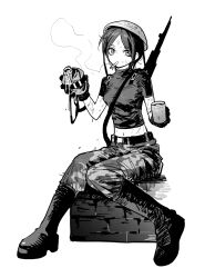  1girl belt boots breasts camouflage camouflage_pants canteen cigarette commentary_request cropped_shirt cup dirty dirty_face full_body greyscale gun gun_on_back helmet highres holding holding_canteen holding_cup jihecchi knee_boots knees_together_feet_apart korean_commentary looking_at_viewer medium_breasts monochrome mouth_hold original pants parted_bangs scratches short_hair short_sleeves shoulder_strap simple_background sitting sitting_on_object smoking soldier solo sweat water weapon weapon_on_back  rating:Sensitive score:3 user:danbooru