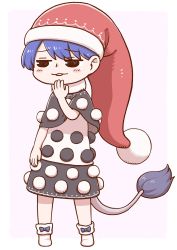  1girl @_@ ankle_boots blue_bow blue_hair boots bow capelet covering_own_mouth doremy_sweet full_body hand_over_own_mouth hat jitome pink_background poronegi red_hat santa_hat short_hair simple_background skirt smug solo standing tail tapir_tail touhou white_footwear  rating:Sensitive score:3 user:danbooru