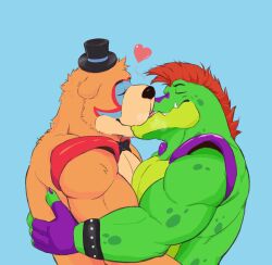 2boys animal_ears bara bear_ears blaze_(bl4z3blaze) bracelet breath brown_hair five_nights_at_freddy&#039;s five_nights_at_freddy&#039;s:_security_breach foreplay freddy_fazbear french_kiss from_side furry furry_male furry_with_furry glamrock_freddy hat heart highres hop_on_among_us_(meme) hug jewelry kiss male_focus meme mini_hat multiple_boys muscular muscular_male mutual_hug pectorals profile reptile_boy short_hair spiked_bracelet spikes textless_version thick_eyebrows top_hat tusks upper_body yaoi