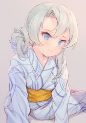  1girl asymmetrical_hair blue_eyes blush breasts closed_mouth grey_background grey_hair hair_between_eyes japanese_clothes kantai_collection kimono long_sleeves looking_at_viewer nowaki_(kancolle) obi official_alternate_costume sash simple_background sitting solo tomamatto yukata 