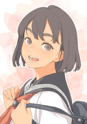  1girl backpack bag black_hair grey_eyes highres kamo_(gafas) looking_at_viewer neckerchief open_mouth school_uniform short_hair smile solo thick_eyebrows 