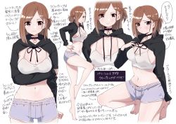 1girl arm_under_breasts barefoot black_hoodie blush braid breasts brown_eyes brown_hair choker cleavage closed_mouth commentary_request french_braid grey_shorts hair_over_one_eye hood hoodie kuro_(toi_et_moi) large_breasts leg_up long_hair looking_at_viewer midriff mole mole_under_eye navel original revision short_shorts shorts shrug_(clothing) sideboob sidelocks sitting smile spaghetti_strap sports_bra squatting standing stomach swept_bangs tank_top translation_request white_tank_top rating:Sensitive score:35 user:danbooru