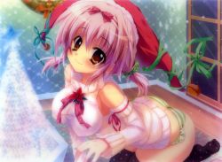  1girl blush breasts brown_eyes christmas detached_sleeves izumi_tsubasu large_breasts looking_at_viewer original panties pink_hair polka_dot scrunchie smile snow solo striped_clothes striped_panties thighhighs turtleneck twintails underwear  rating:Questionable score:17 user:freeknight