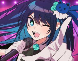  1girl ado_(utaite) adorozatorumary black_bow black_bowtie black_jacket blue_eyes blue_hair blue_ribbon blurry bow bowtie cat_hair_ornament chando_(ado) cloud_nine_inc collared_shirt commentary depth_of_field floating_hair flower flower_brooch gloves hair_between_eyes hair_flower hair_ornament hair_ribbon hashtag-only_commentary holding holding_microphone idol idol_clothes jacket light_particles long_hair long_sleeves looking_at_viewer microphone mole mole_under_eye one_eye_closed open_mouth oshi_no_ko pointing pointing_at_viewer ribbon riseno sanrio shadow shirt sidelocks solo sparkle star-shaped_pupils star_(symbol) symbol-shaped_pupils teeth upper_body upper_teeth_only utaite white_gloves white_shirt 