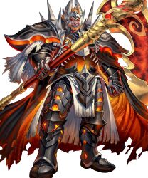  1boy armor beard black_cape cape colored_sclera dark-skinned_male dark_skin facial_hair fire_emblem fire_emblem_heroes highres holding holding_scythe looking_at_viewer nintendo non-web_source official_alternate_costume official_art orange_hair pelvic_curtain red_cape red_eyes scar scar_across_eye scythe shoulder_spikes solo spikes surtr_(fire_emblem) surtr_(resplindent)_(fire_emblem) tachi-e 